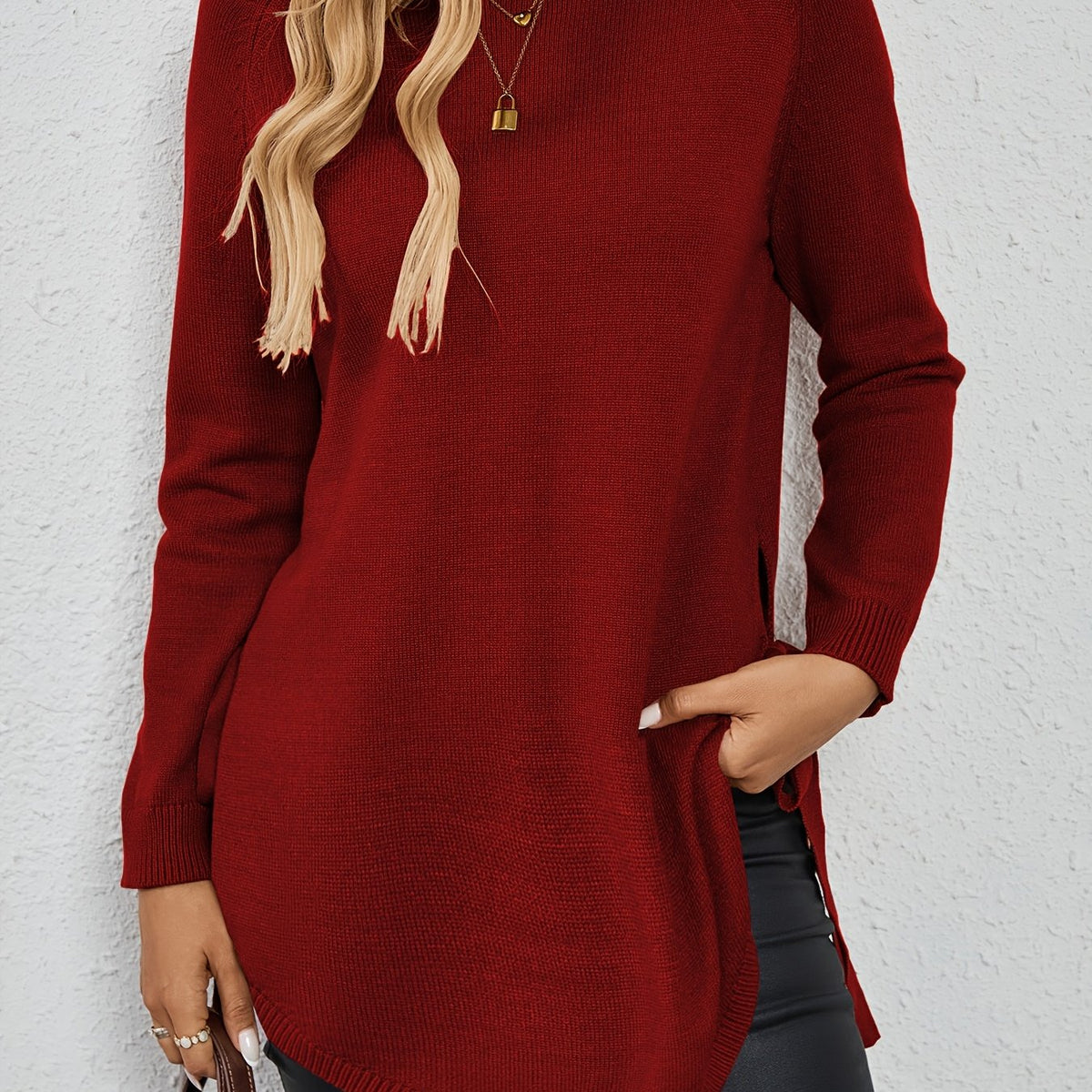 Women's Relaxed Longline Round Neck Sweater with Side Slits - Deep Red