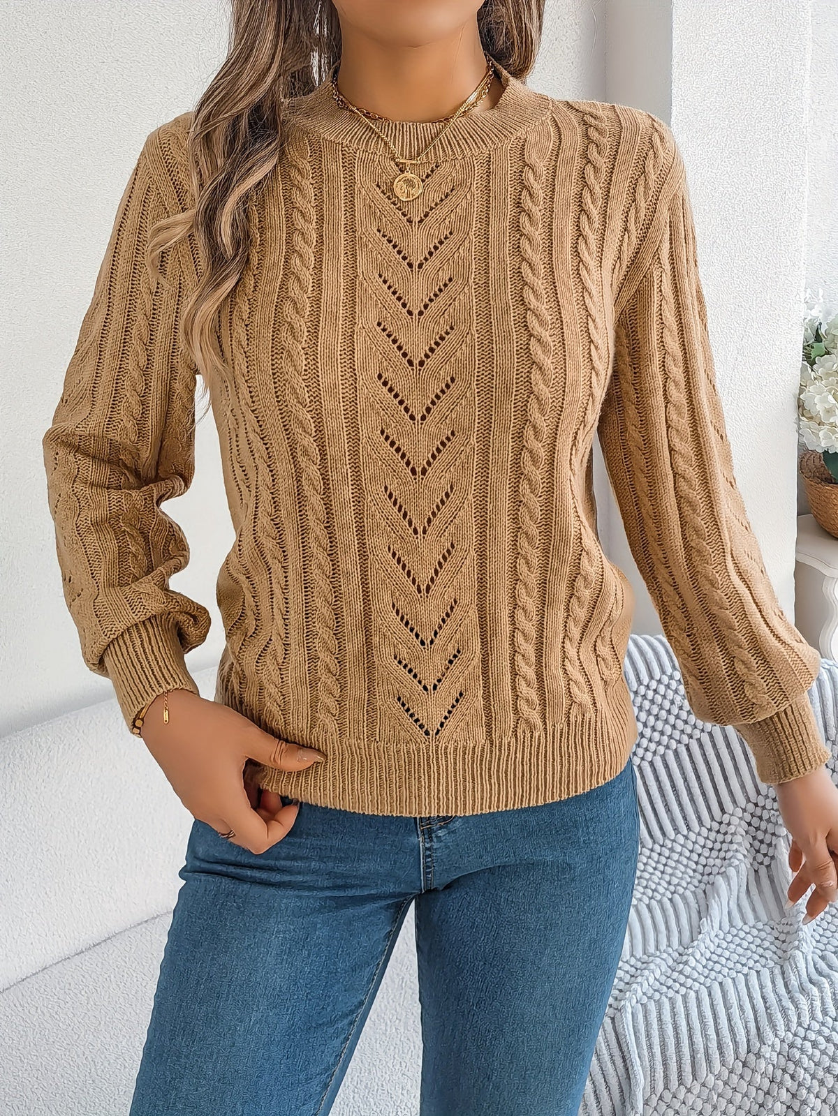 Women's Cable-Knit Openwork Round-Neck Sweater