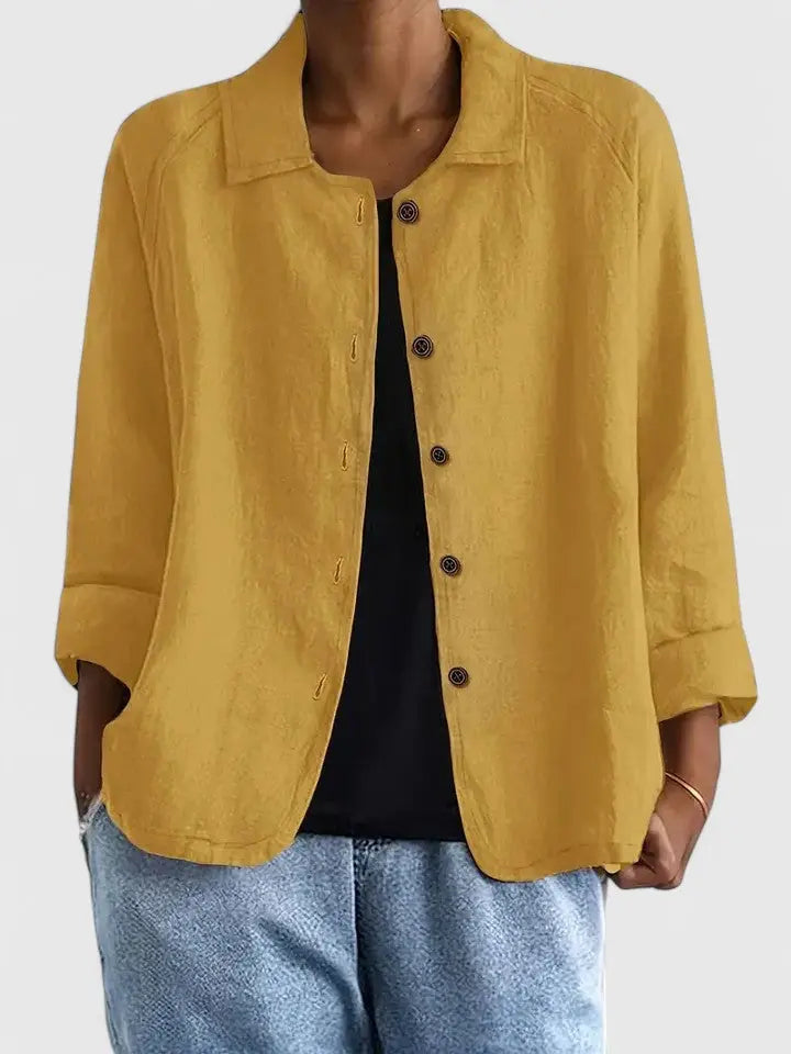 Women's Button-Down Cotton Shirt Jacket - Yellow
