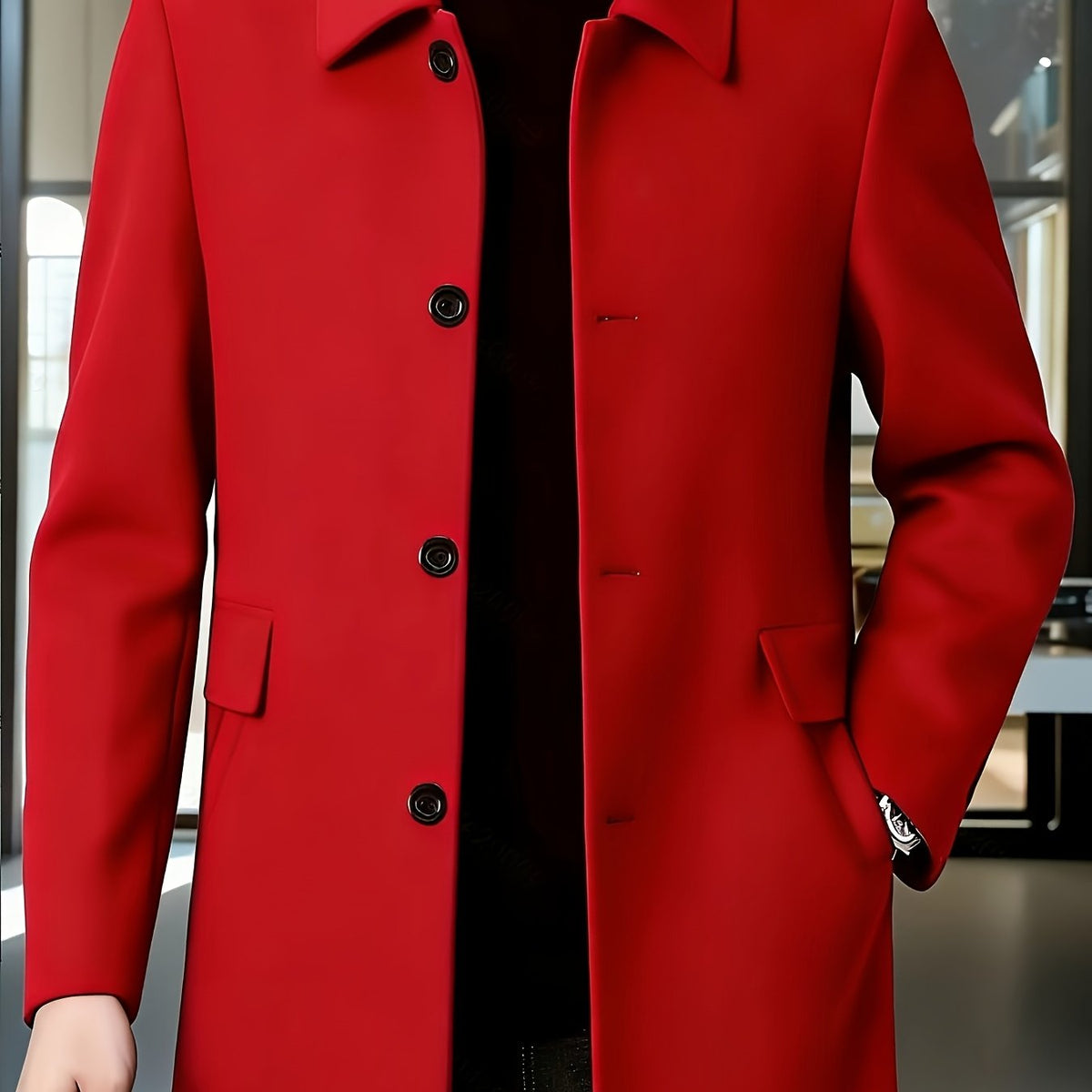 Men's Refined Single-Breasted Overcoat with Side Pockets