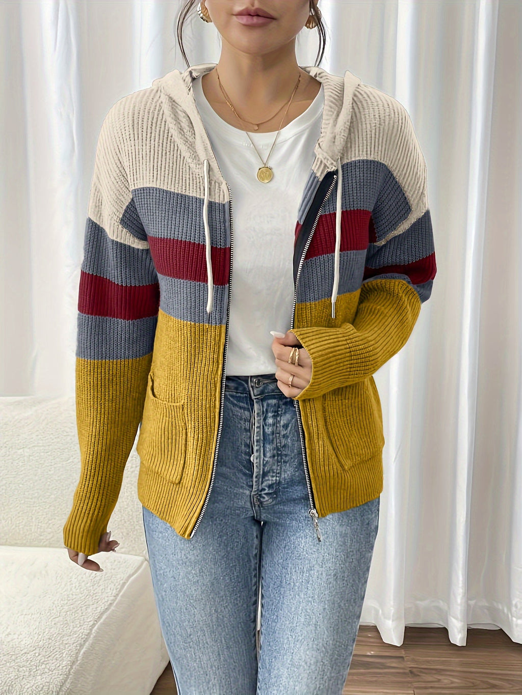 Women's Ribbed Color-Block Hooded Zip Cardigan