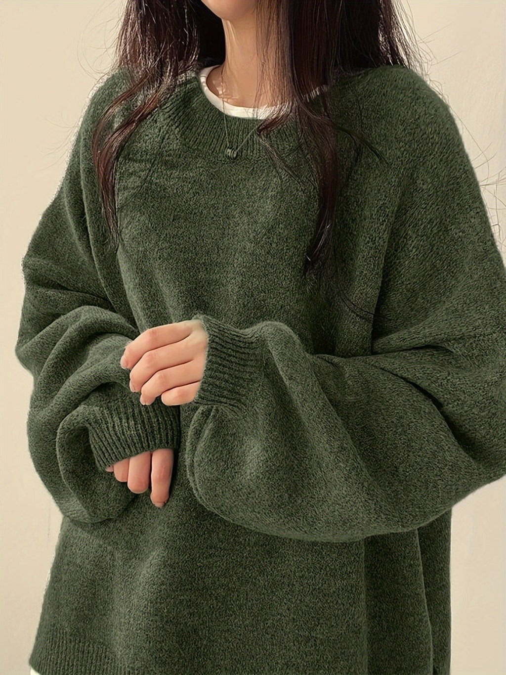 Women's Thick Knit Relaxed Round Neck Drop-Shoulder Pullover