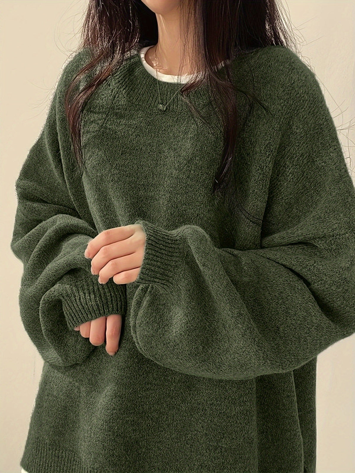 Women's Thick Knit Relaxed Round Neck Drop-Shoulder Pullover