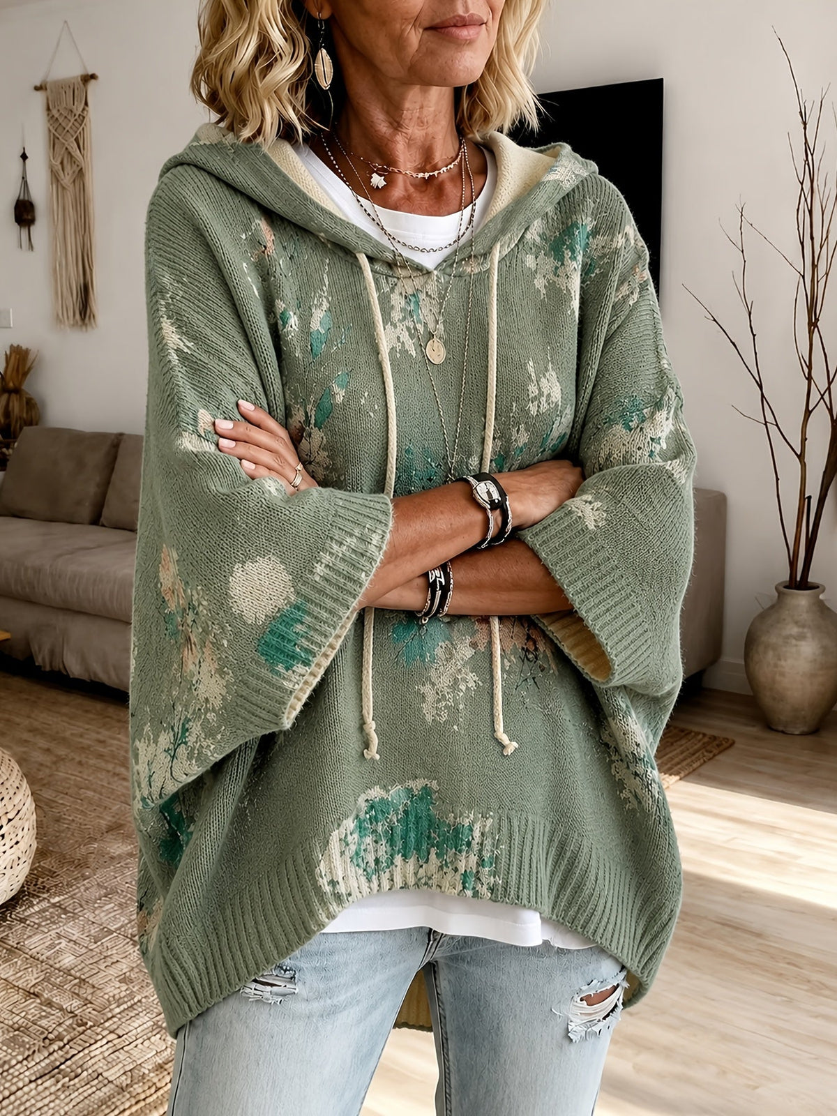 Women's Hooded Floral Cape Sweater with Drawstring