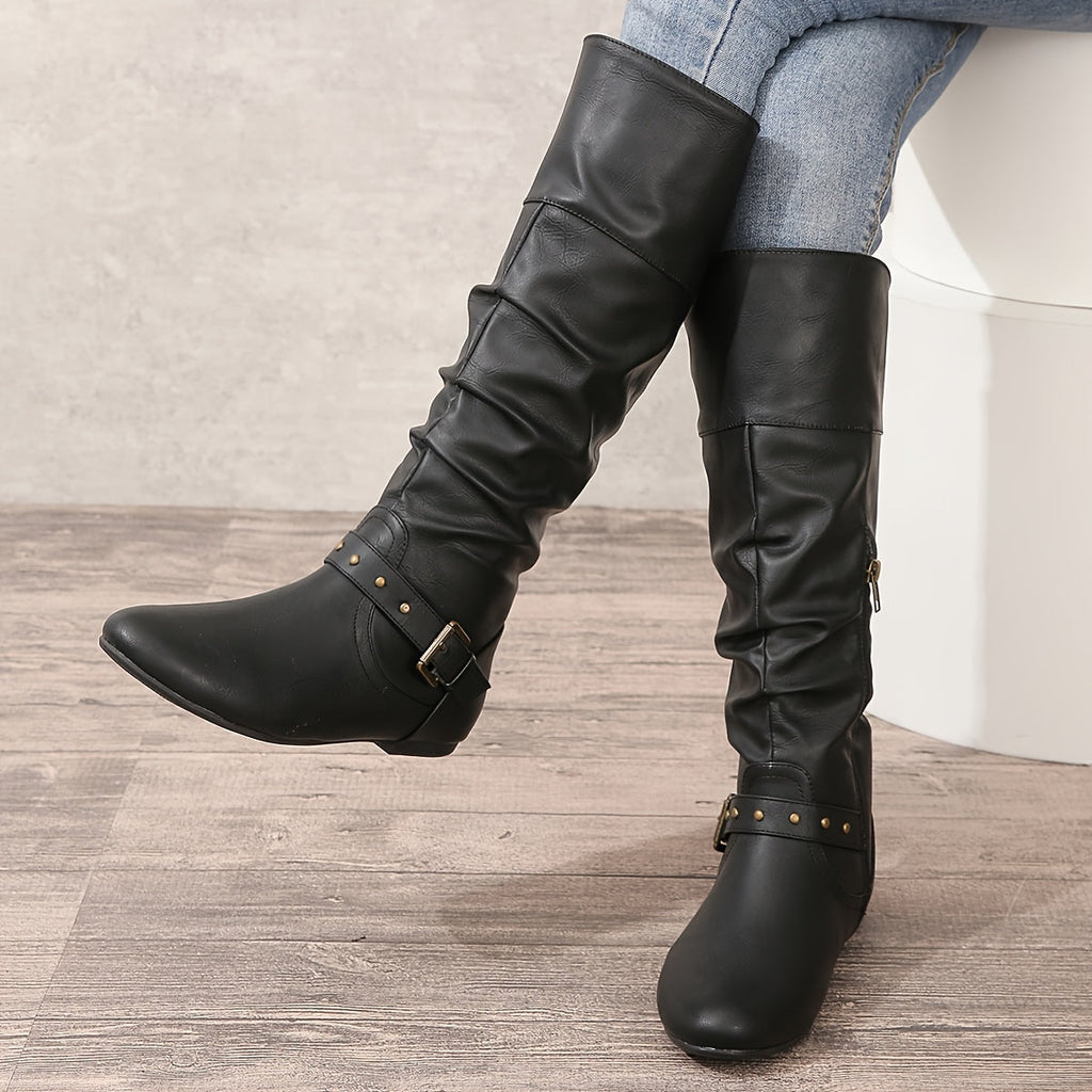 Women's Slouchy Knee-High Boots with Flat Round Toe