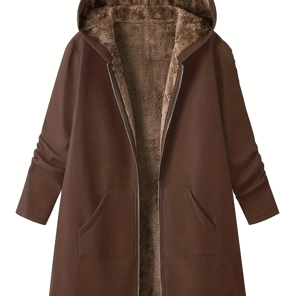 Women's Plush Lined Longline Hooded Zip Coat - Coffee