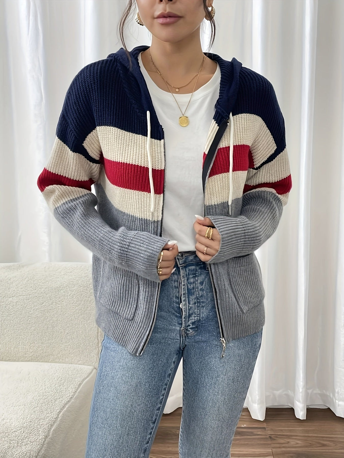 Women's Ribbed Color-Block Hooded Zip Cardigan