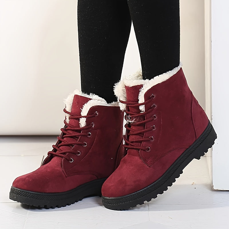 Women's Plush-Lined Lace-Up Winter Ankle Boots - Red