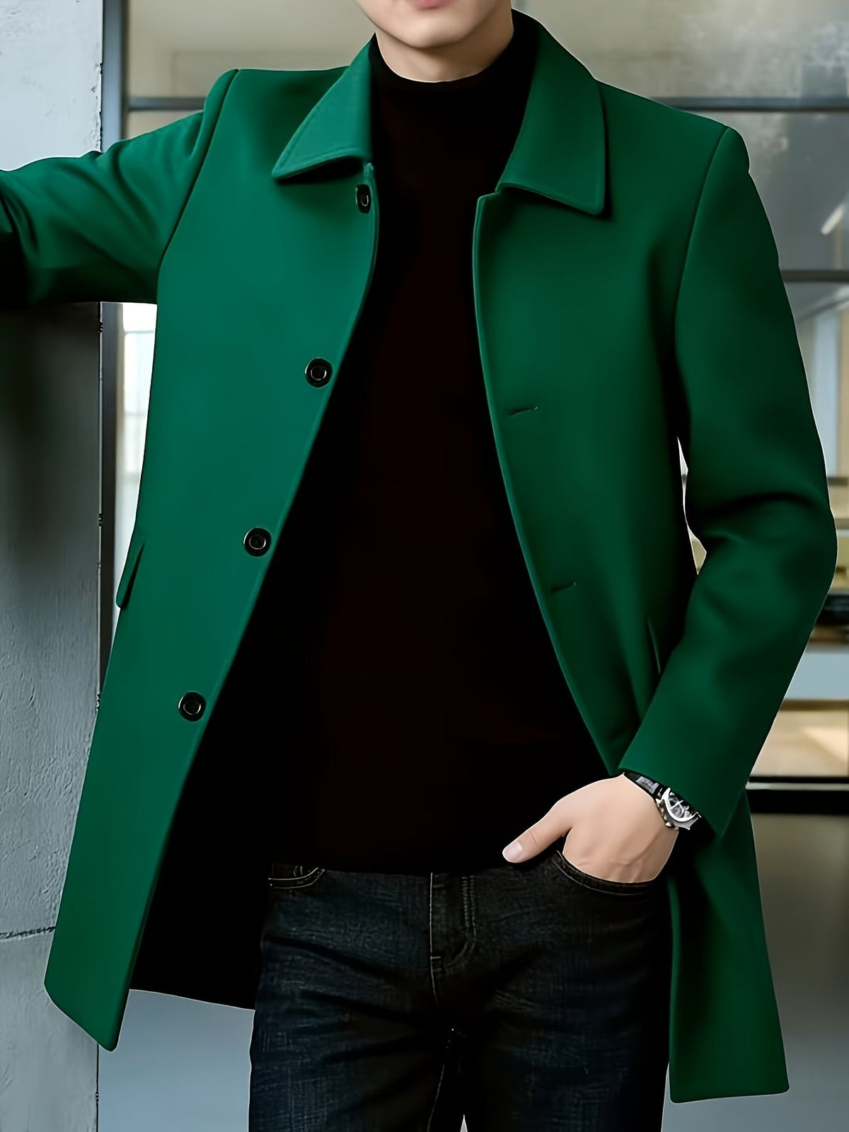 Men's Refined Single-Breasted Overcoat with Side Pockets