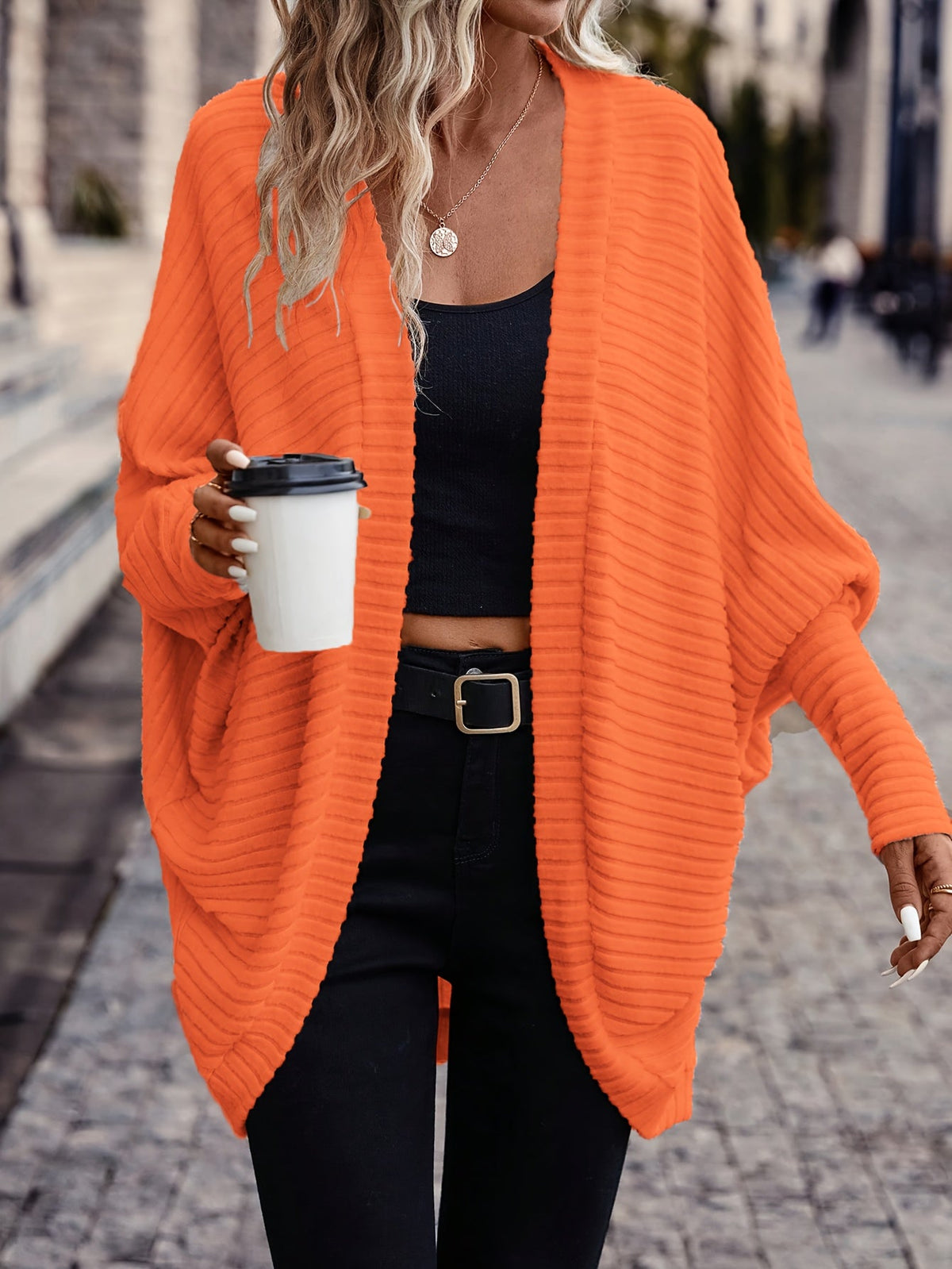 Women's Draped Open-Front Ribbed Cardigan