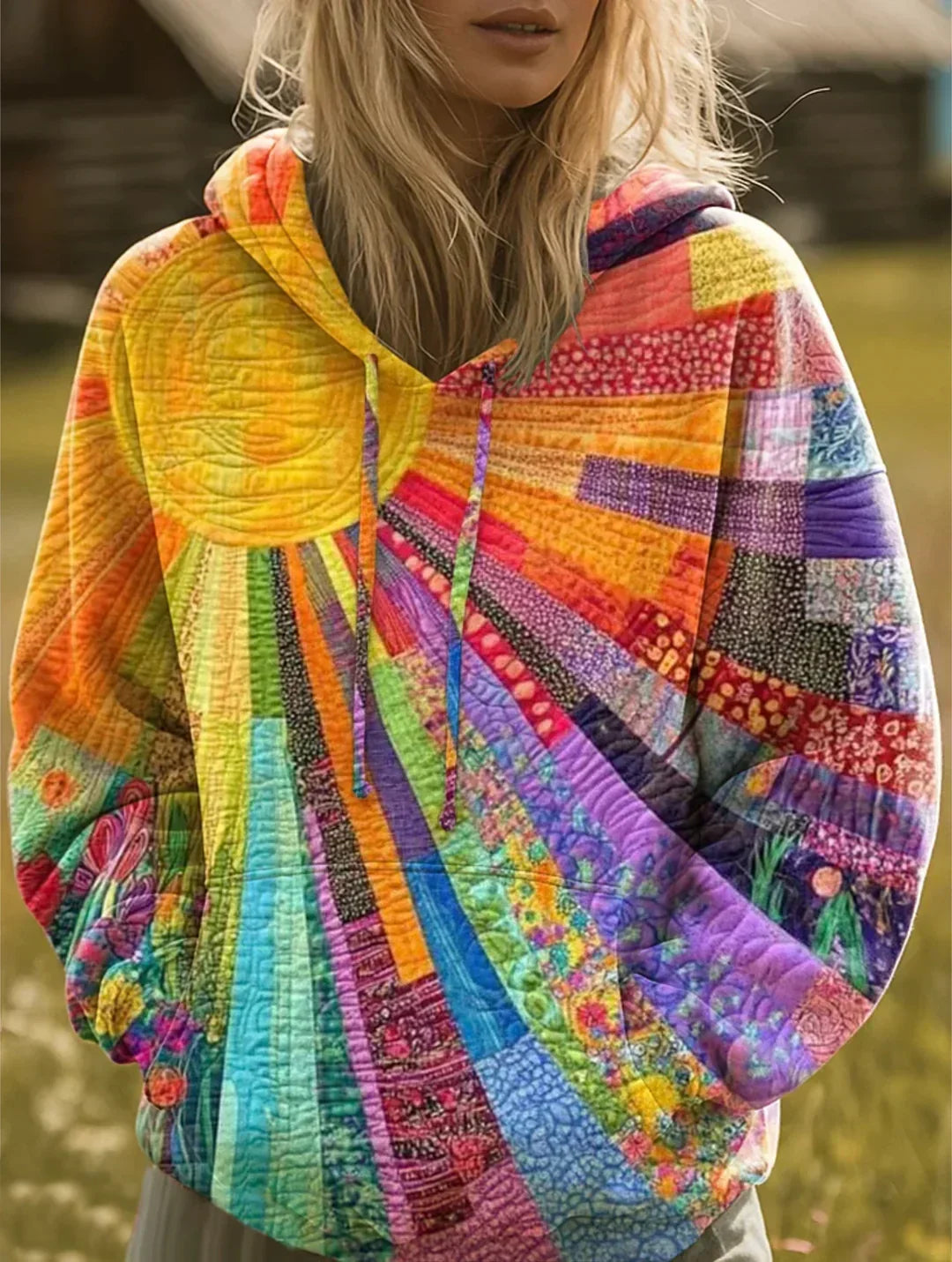 Women's Oversized Quilted Patchwork Hooded Sweater