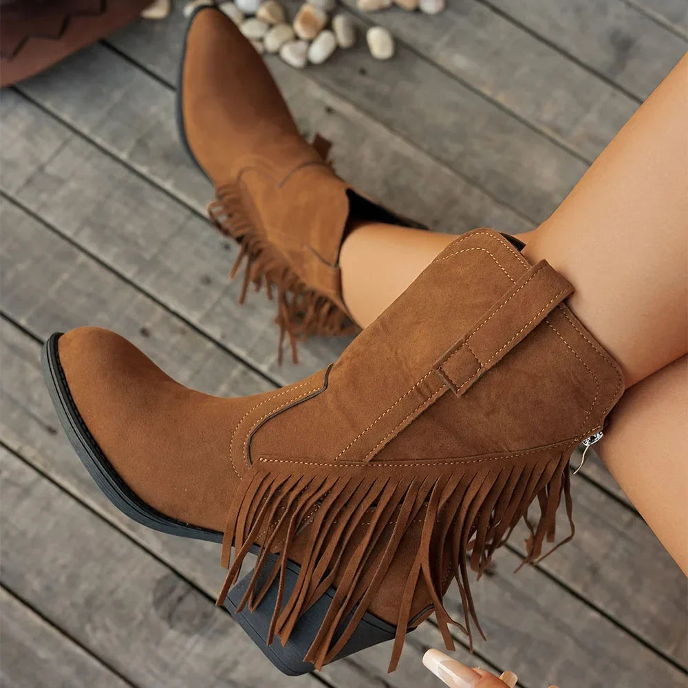 Women's Camel Wide Calf Fringe Cowboy Boots