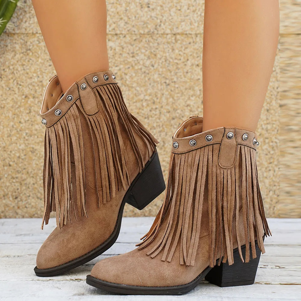 Women's Camel Wide Calf Fringe Cowboy Boots