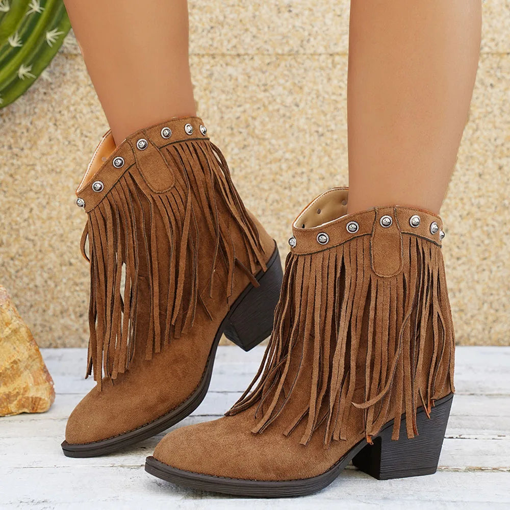 Women's Camel Wide Calf Fringe Cowboy Boots