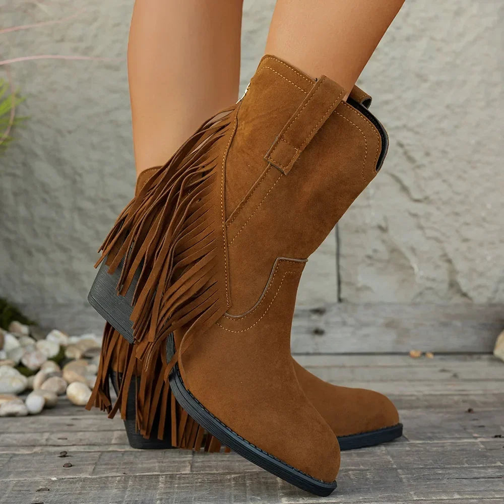 Women's Camel Wide Calf Fringe Cowboy Boots