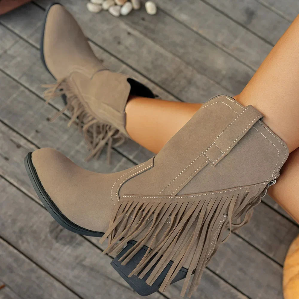 Women's Camel Wide Calf Fringe Cowboy Boots