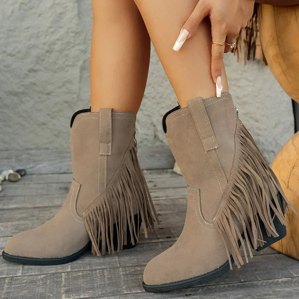 Women's Camel Wide Calf Fringe Cowboy Boots