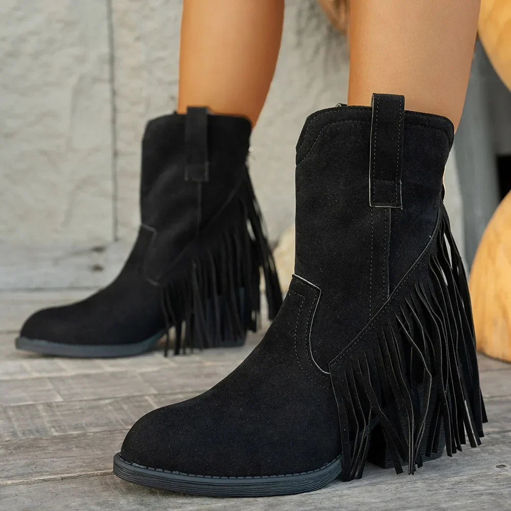 Women's Camel Wide Calf Fringe Cowboy Boots