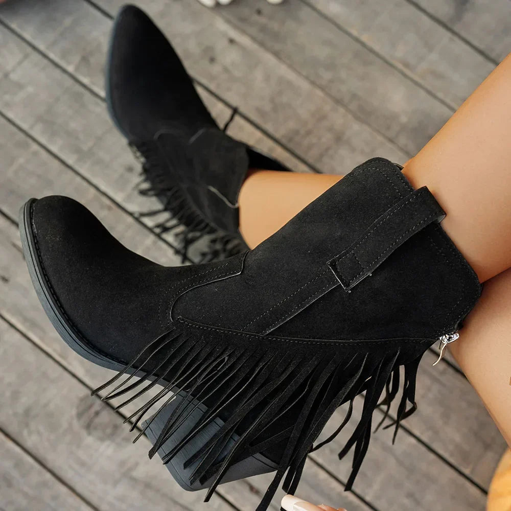 Women's Camel Wide Calf Fringe Cowboy Boots