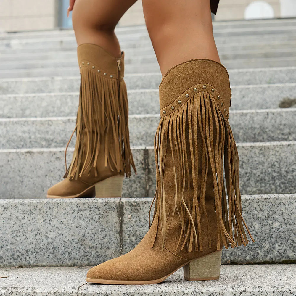 Women's Camel Wide Calf Fringe Cowboy Boots