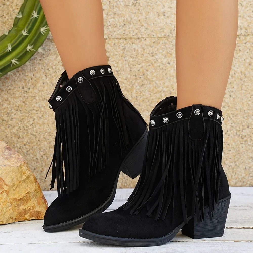 Women's Camel Wide Calf Fringe Cowboy Boots