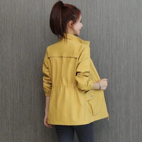 Women's Drawstring Waist Zip-Up Windbreaker Jacket - Yellow