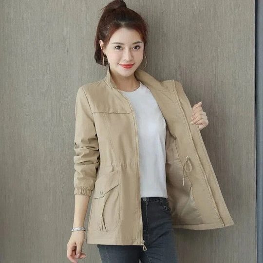 Women's Drawstring Waist Zip-Up Windbreaker Jacket - Khaki