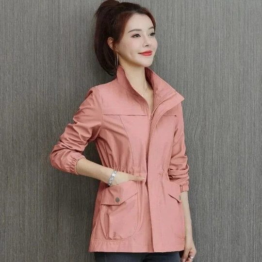 Women's Drawstring Waist Zip-Up Windbreaker Jacket - Pink