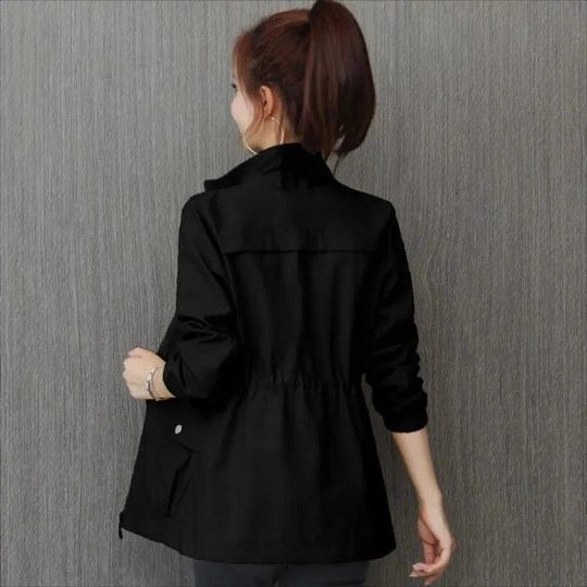 Women's Drawstring Waist Zip-Up Windbreaker Jacket - Black