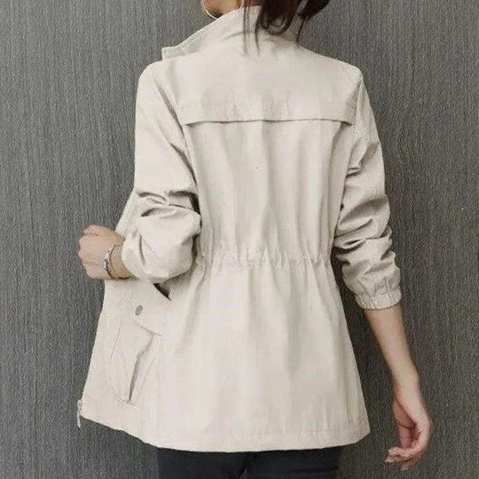 Women's Drawstring Waist Zip-Up Windbreaker Jacket - Beige