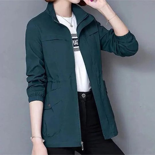 Women's Drawstring Waist Zip-Up Windbreaker Jacket