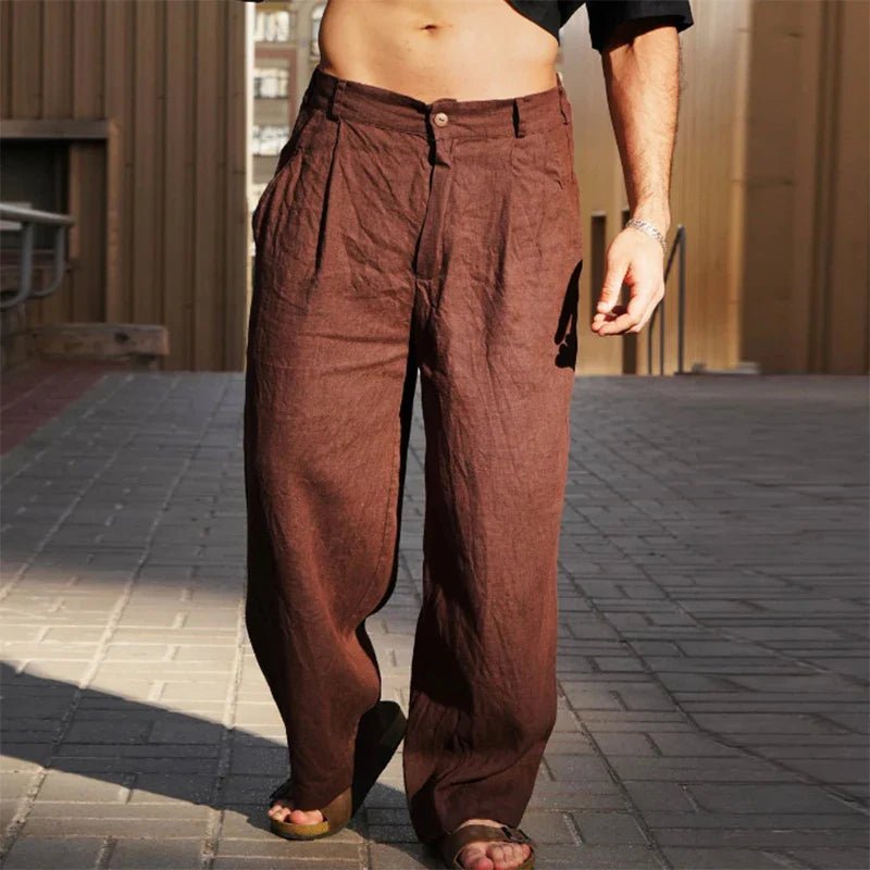 Men's Pleated Wide Leg Relaxed Fit Trousers - Dark Brown