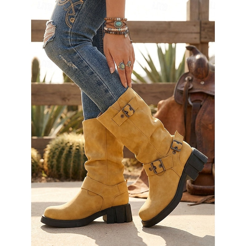 Women's Block Heel Moto Boots with Lug Sole - Black