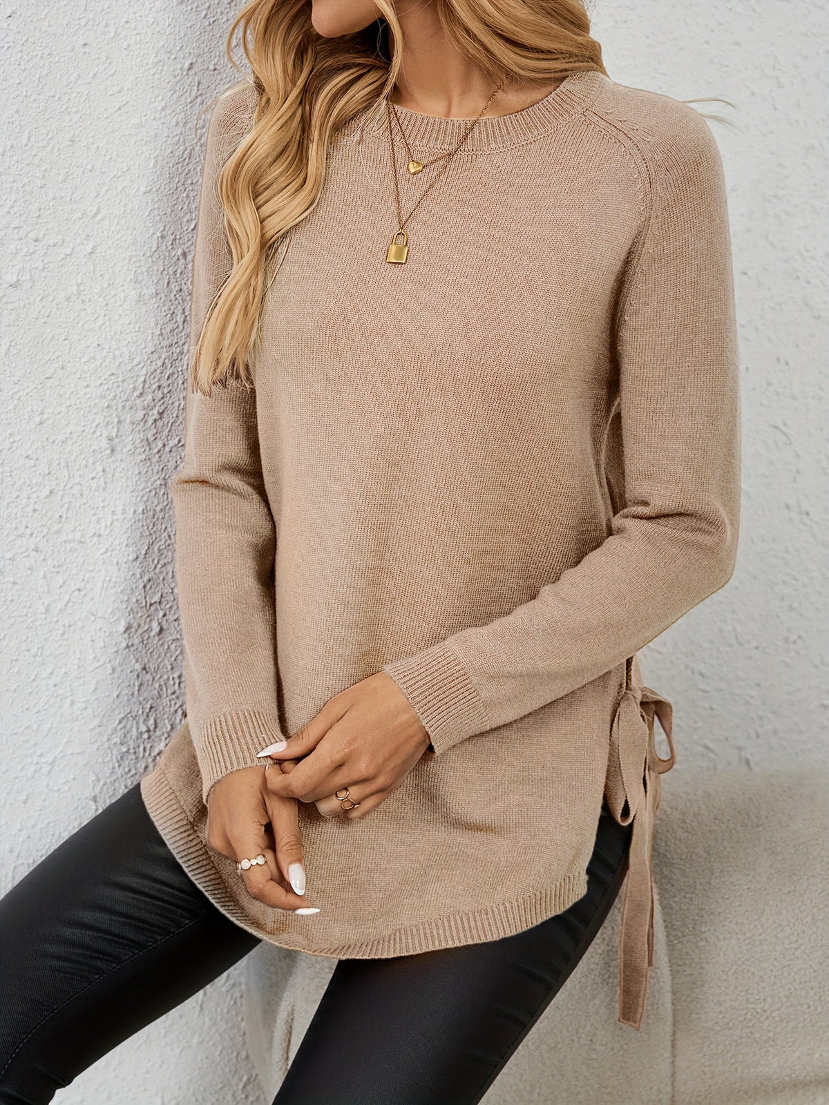 Women's Relaxed Longline Round Neck Sweater with Side Slits