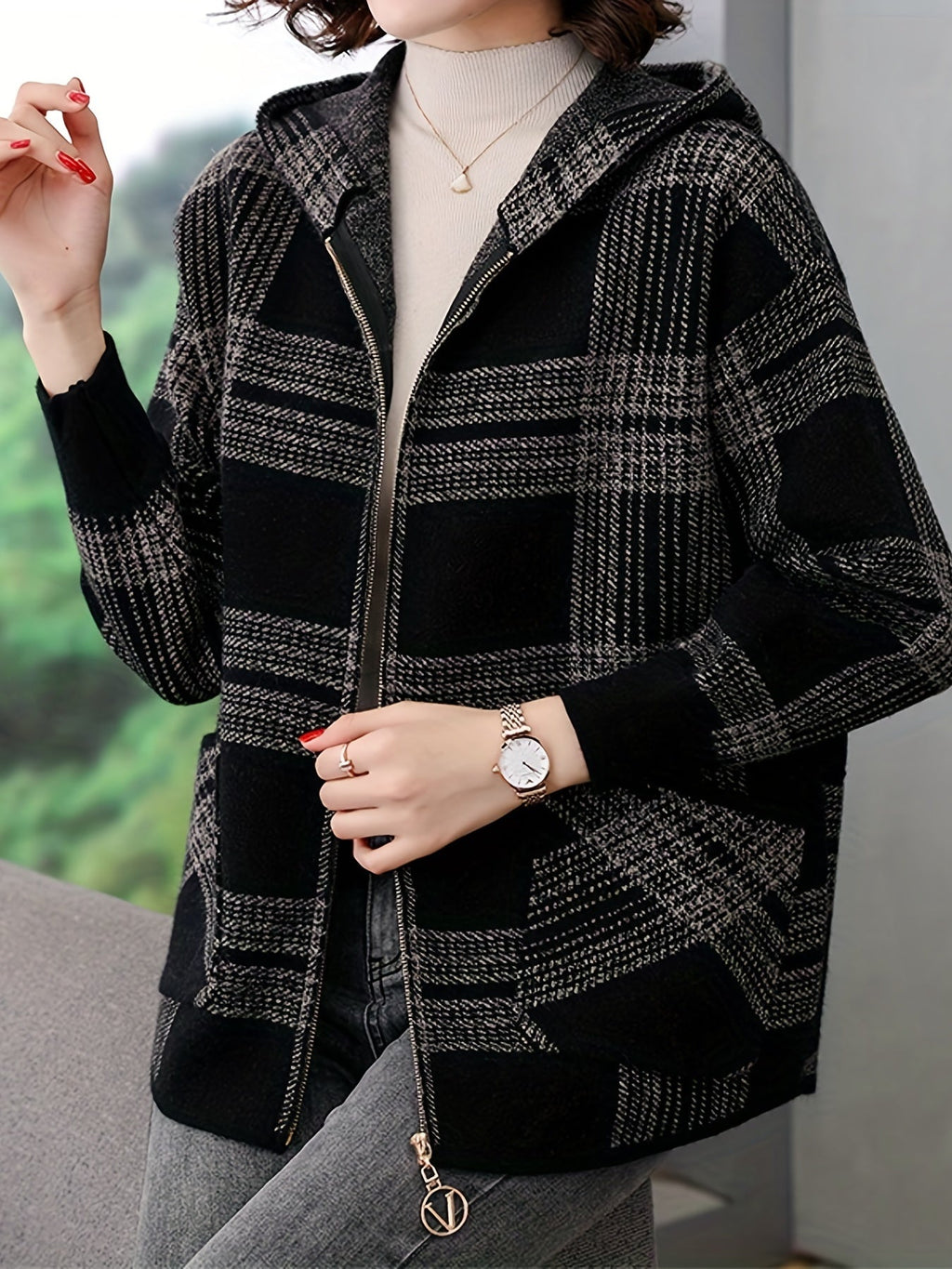 Women's Loose Fit Check Pattern Hooded Zip Jacket