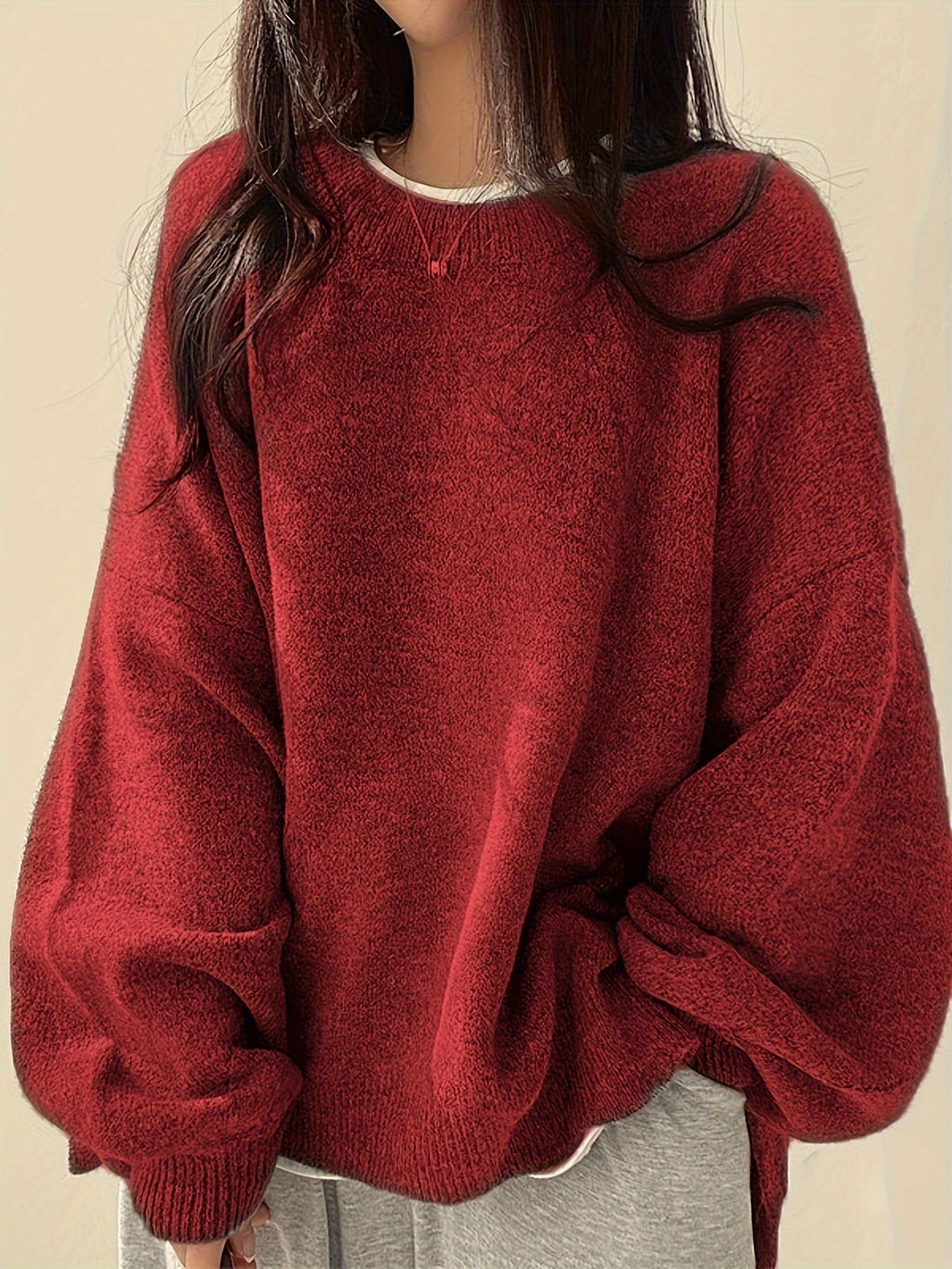 Women's Thick Knit Relaxed Round Neck Drop-Shoulder Pullover
