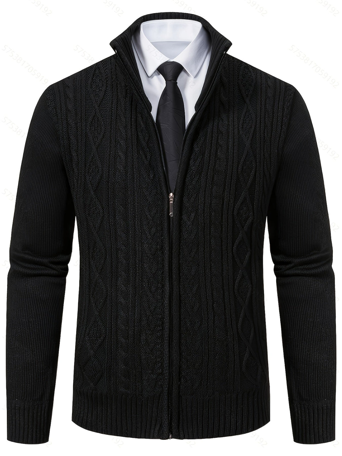 Men's Cable-Knit Stand Collar Full-Zip Cardigan - Dark Gray