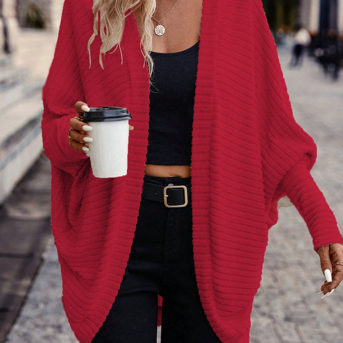 Women's Draped Open-Front Ribbed Cardigan - Red