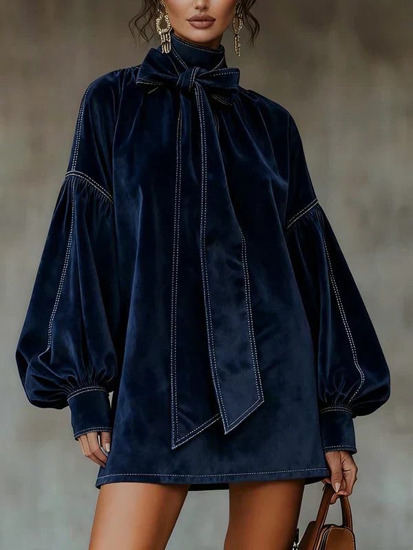 Women's Velvet Puff Sleeve Mini Dress with Neck Tie - Navy