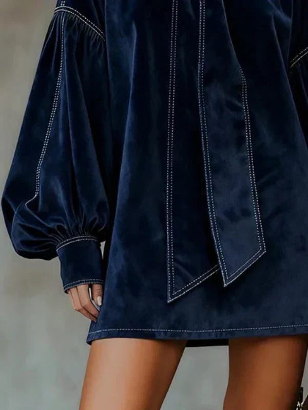 Women's Velvet Puff Sleeve Mini Dress with Neck Tie