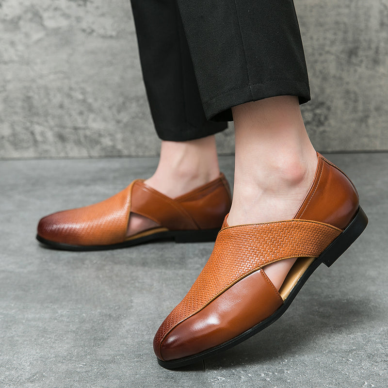 Women's Leather Loafers with Woven Crisscross Straps