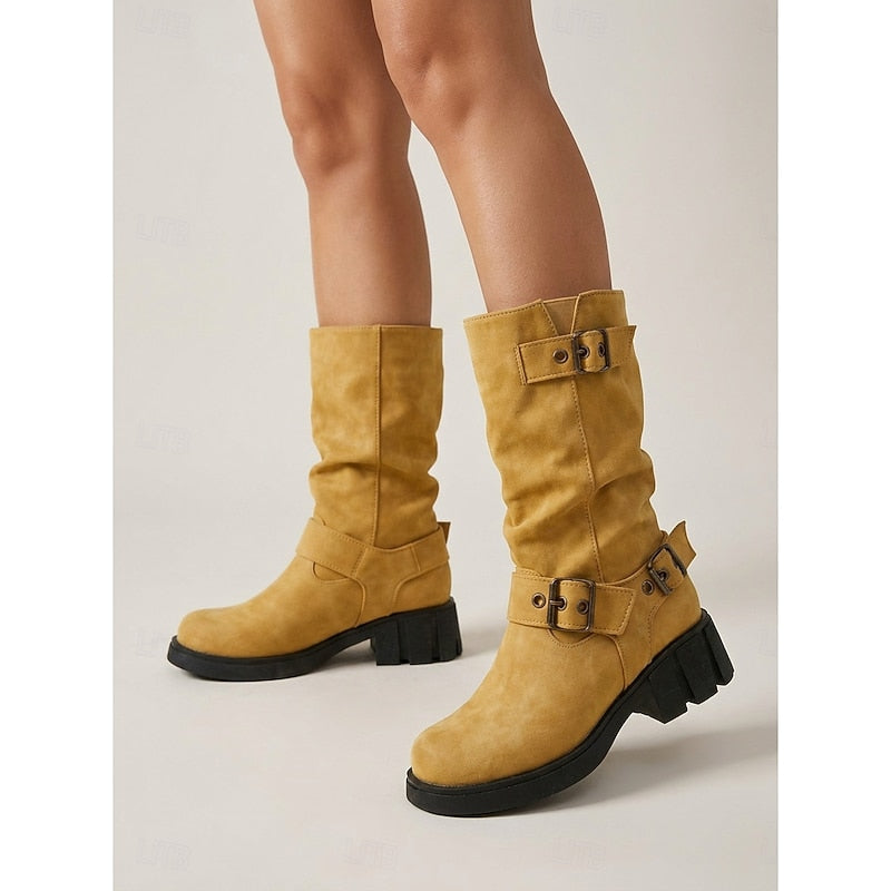 Women's Block Heel Moto Boots with Lug Sole