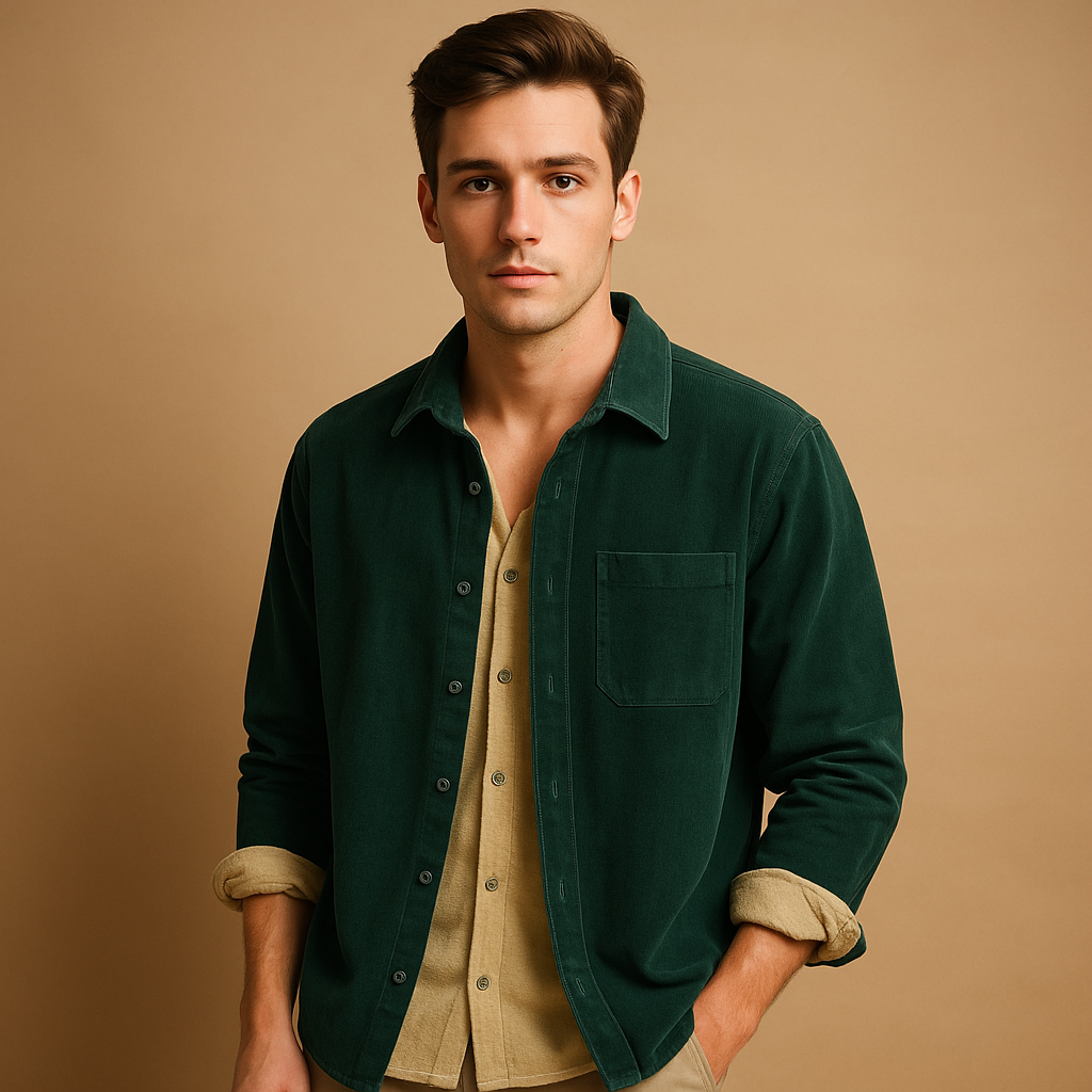 Men's Corduroy Button-Front Shirt with Chest Pocket - Dark Green