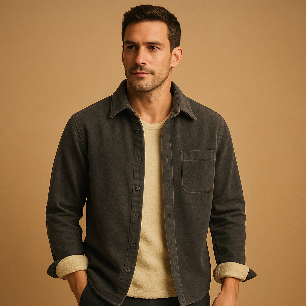 Men's Corduroy Button-Front Shirt with Chest Pocket - Gray