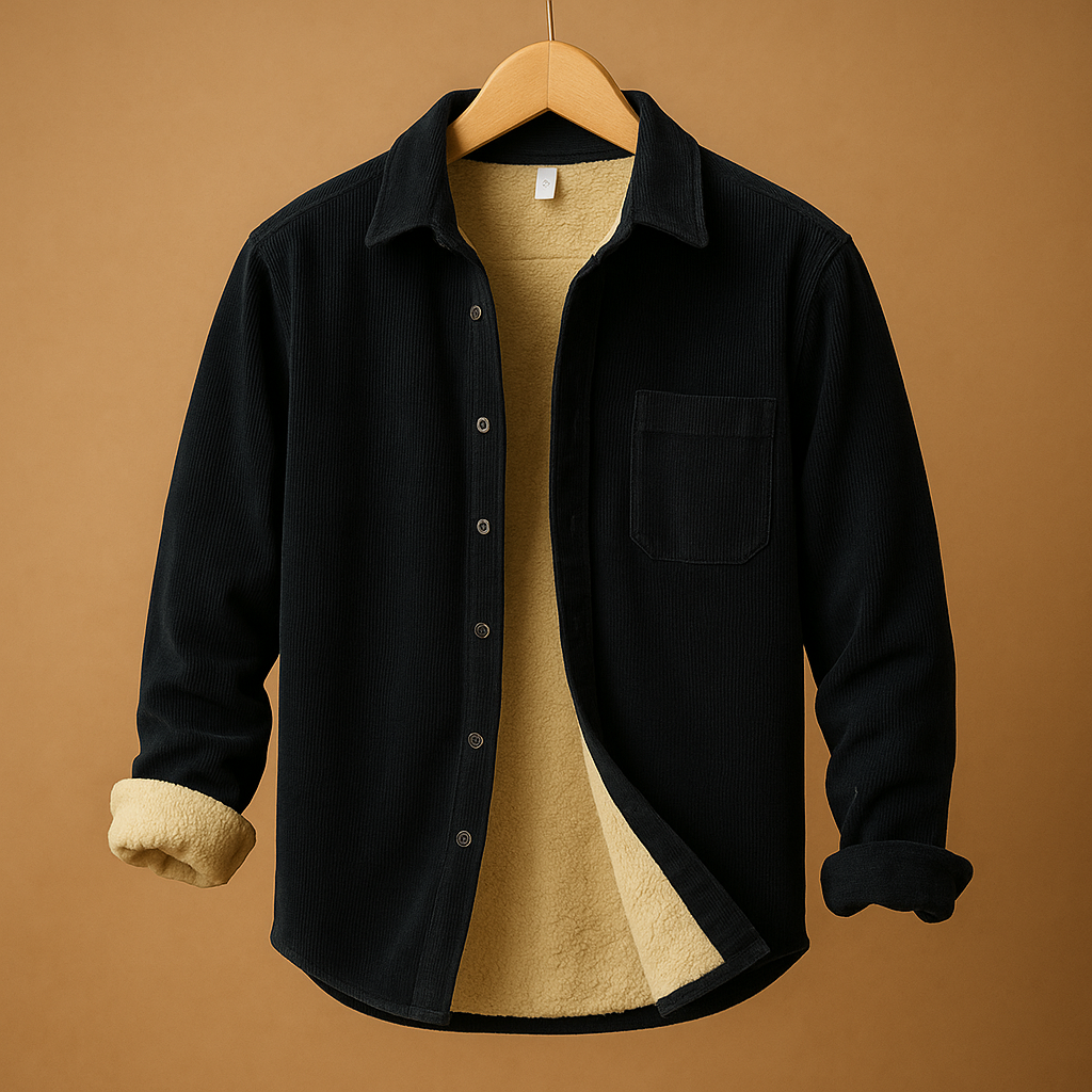 Men's Corduroy Button-Front Shirt with Chest Pocket - Dark Blue
