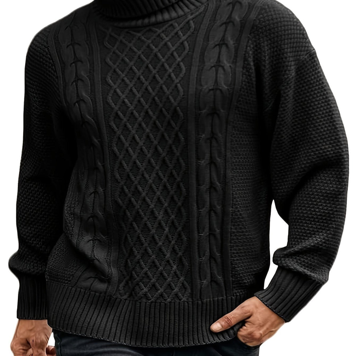 Women's Classic Cable-Knit Turtleneck Sweater in Plus Sizes - Black
