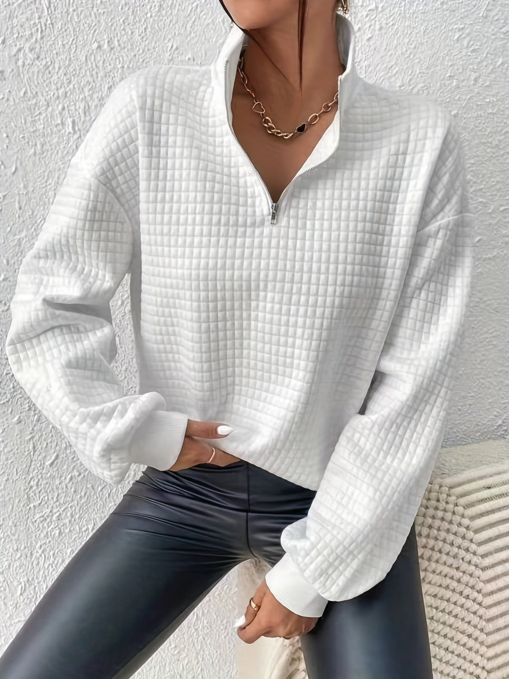 Women's Half-Zip Stand Collar Textured Knit Pullover
