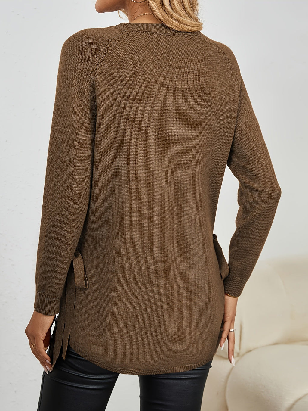 Women's Relaxed Longline Round Neck Sweater with Side Slits