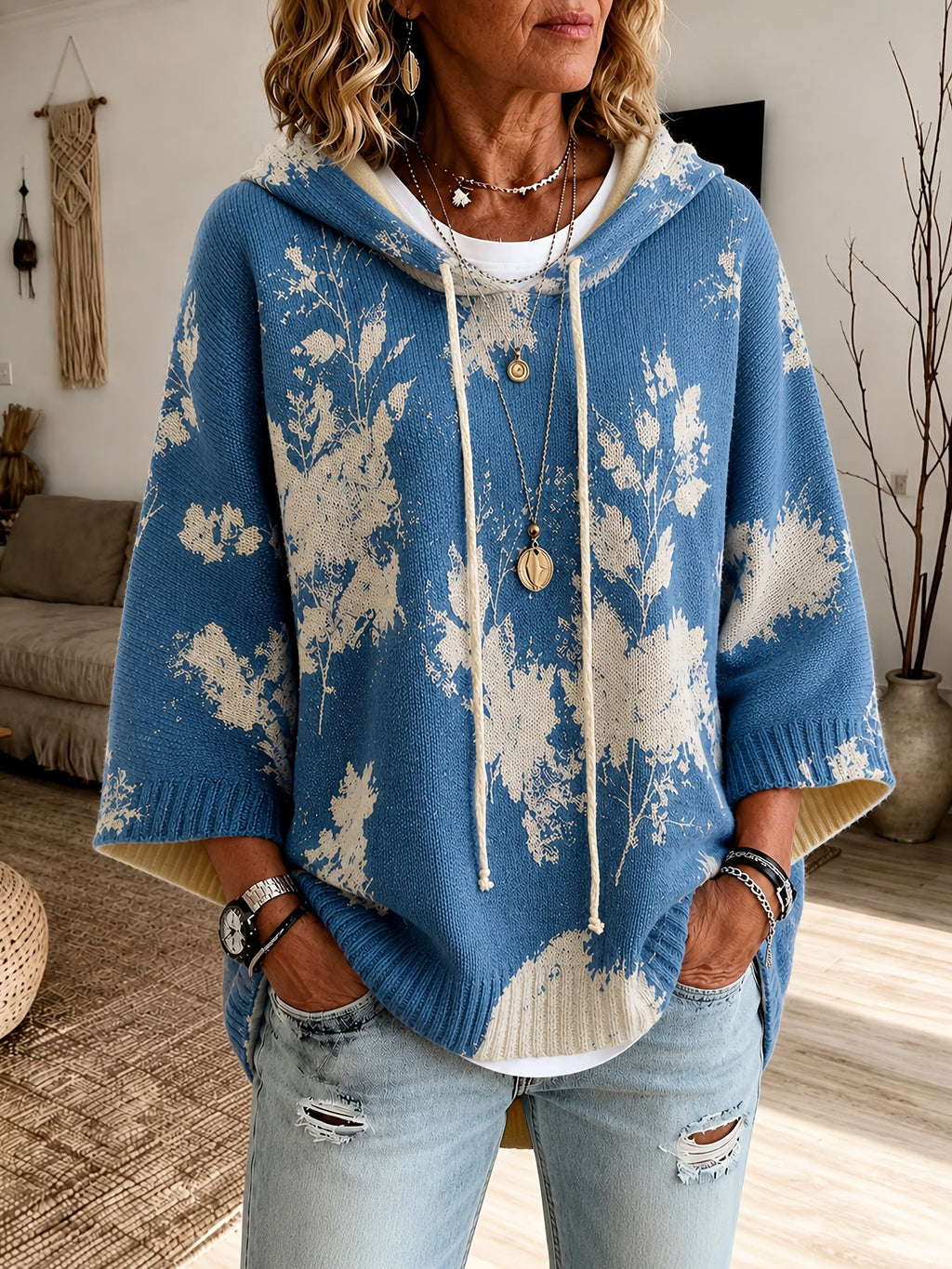 Women's Hooded Floral Cape Sweater with Drawstring
