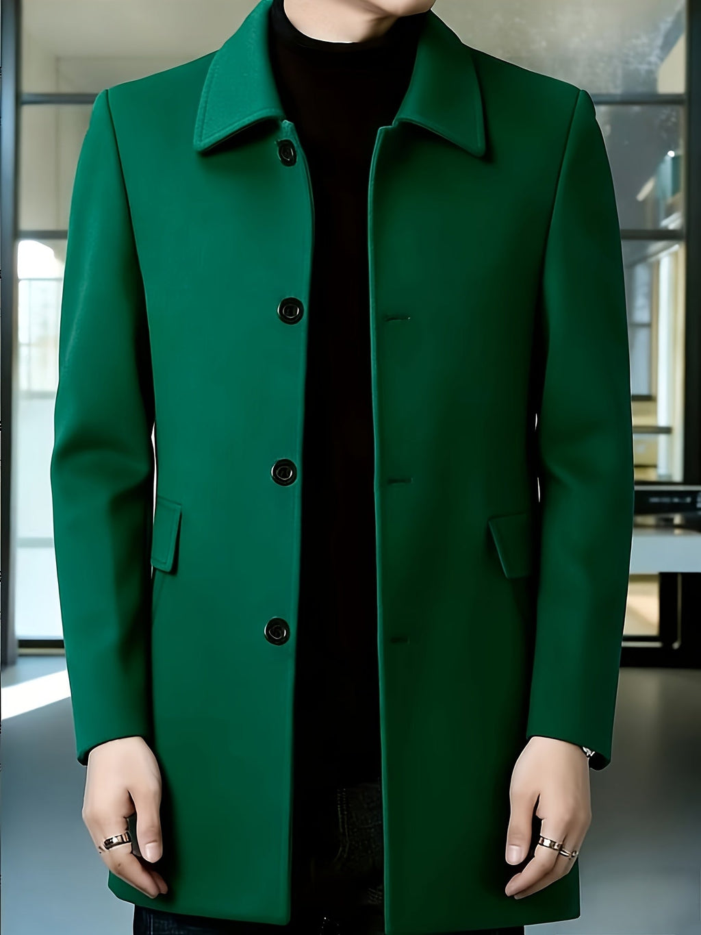 Men's Refined Single-Breasted Overcoat with Side Pockets